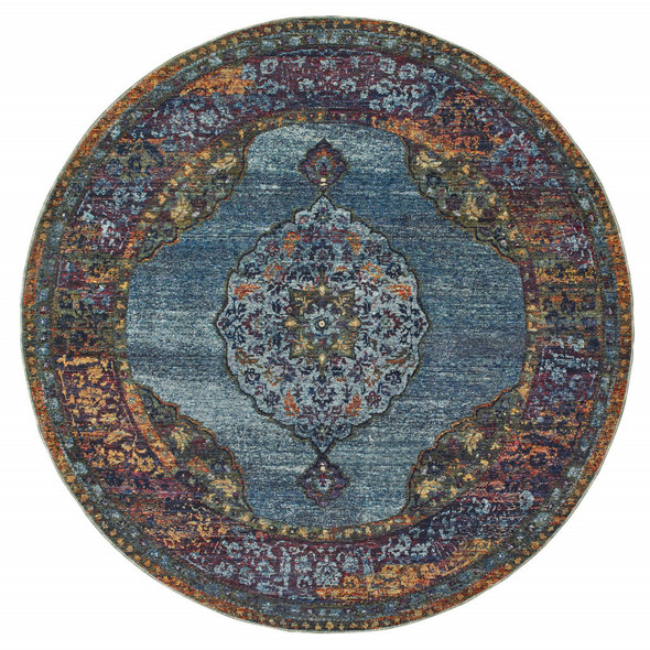 8' Blue Gold Green Red Orange And Purple Round Oriental Power Loom Stain Resistant Area Rug