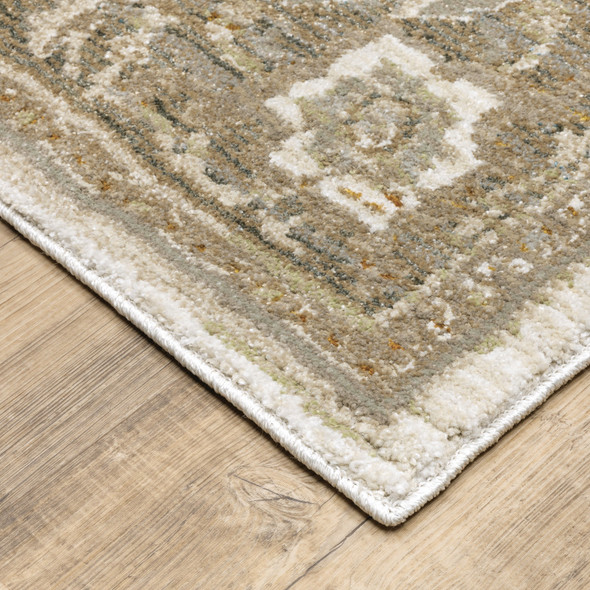 9' X 12' Beige Ivory Tan Gold Grey And Green Oriental Power Loom Stain Resistant Area Rug