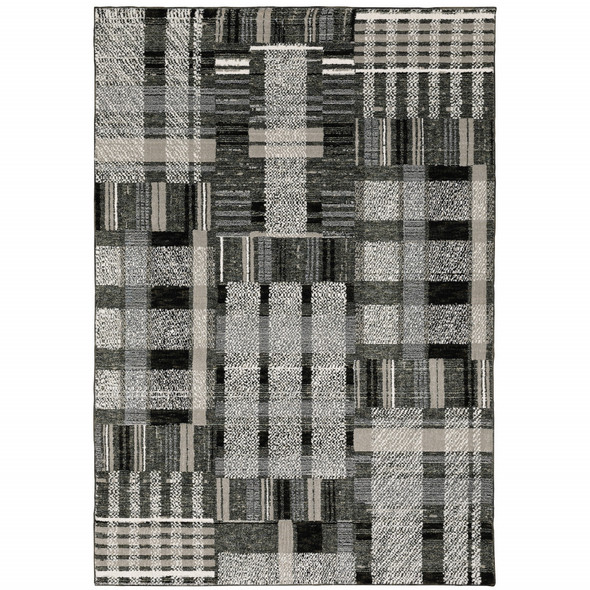 9' X 12' Black Grey And Ivory Geometric Power Loom Stain Resistant Area Rug