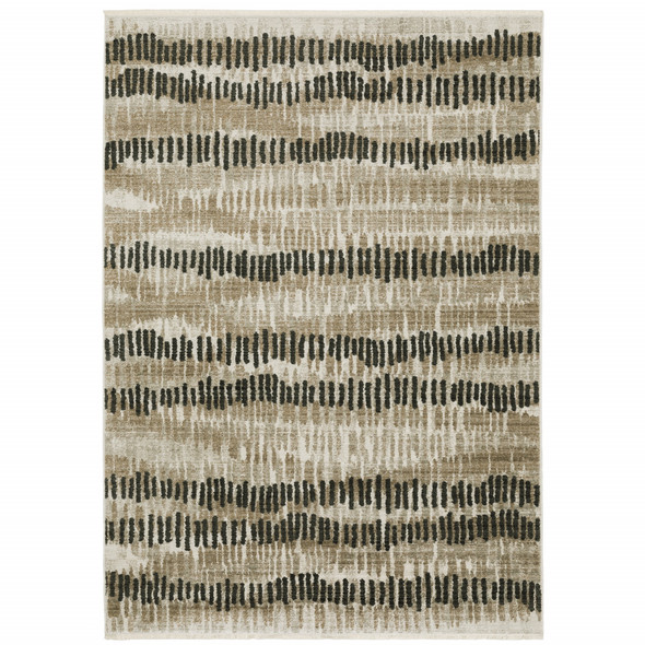 4' X 6' Beige Ivory Charcoal Brown Tan And Grey Abstract Power Loom Stain Resistant Area Rug With Fringe