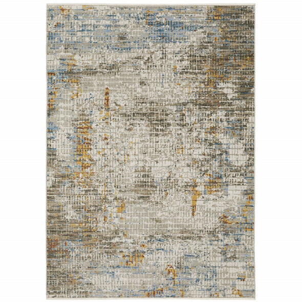 8' X 11' Beige Grey Brown Gold Red And Blue Abstract Power Loom Stain Resistant Area Rug With Fringe