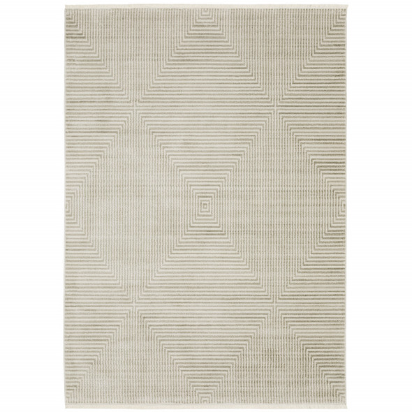 10' X 13' Ivory Beige Taupe And Tan Geometric Power Loom Stain Resistant Area Rug With Fringe