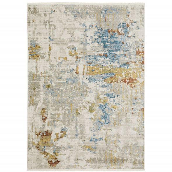 6' X 9' Beige Grey Gold Blue Rust And Teal Abstract Power Loom Stain Resistant Area Rug With Fringe