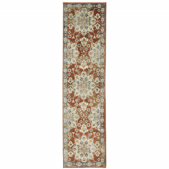 2' X 8' Rust Beige Teal Blue And Gold Oriental Power Loom Stain Resistant Runner Rug