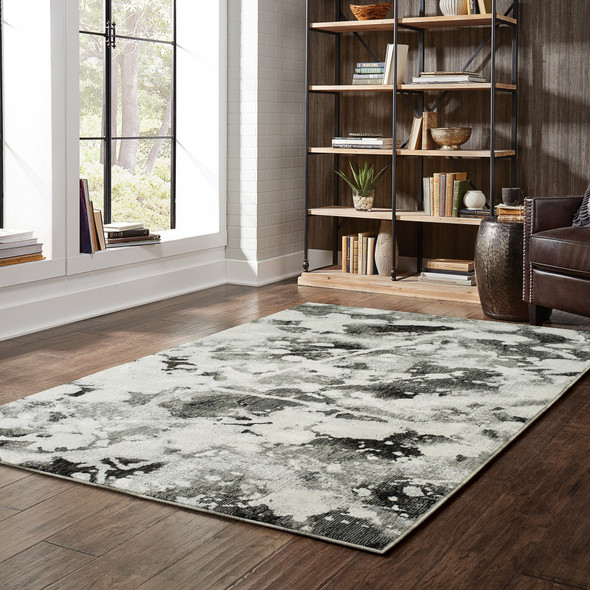 8' X 10' Charcoal And White Abstract Power Loom Stain Resistant Area Rug