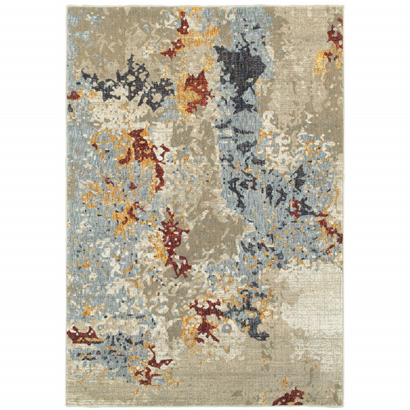 3' X 5' Beige And Blue Abstract Power Loom Stain Resistant Area Rug