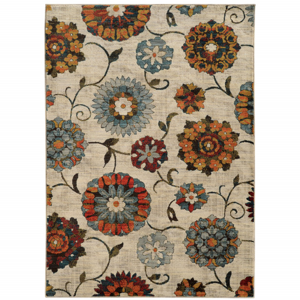 2' X 3' Ivory Blue Gold Green Orange Rust And Teal Floral Power Loom Stain Resistant Area Rug