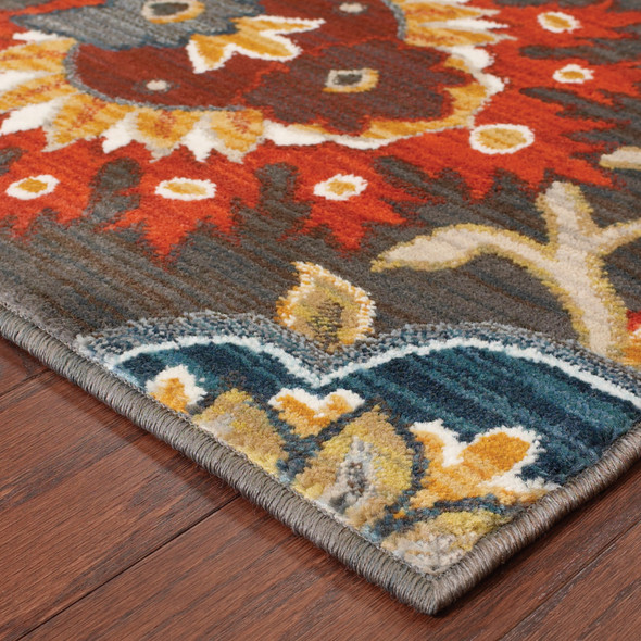 2' X 3' Brown Grey Rust Red Gold Teal And Blue Green Floral Power Loom Stain Resistant Area Rug
