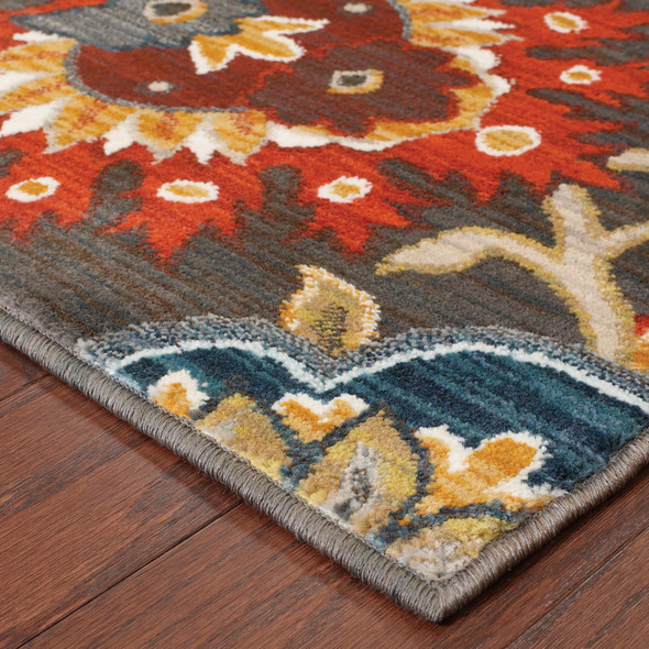 5' X 8' Brown Grey Rust Red Gold Teal And Blue Green Floral Power Loom Stain Resistant Area Rug