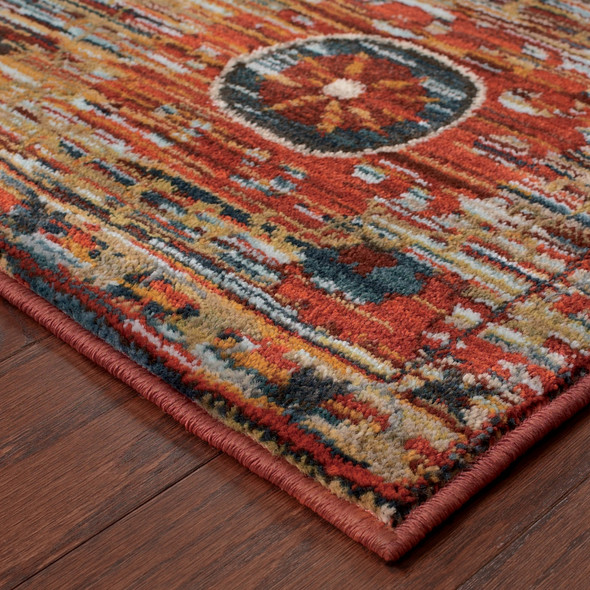 8' X 11' Red Gold Orange Green Ivory Rust And Blue Floral Power Loom Stain Resistant Area Rug