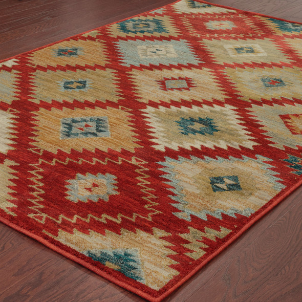 5' X 8' Red Green Gold Blue Teal And Ivory Geometric Power Loom Stain Resistant Area Rug