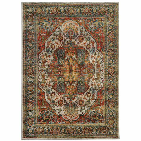 5' X 8' Red Gold Orange Green Ivory Rust And Blue Oriental Power Loom Stain Resistant Area Rug