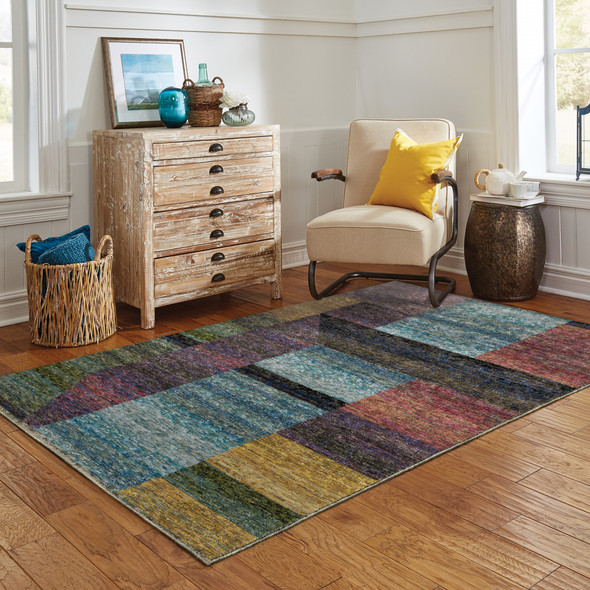 5' X 7' Purple Blue Teal Gold Green Red And Pink Geometric Power Loom Stain Resistant Area Rug