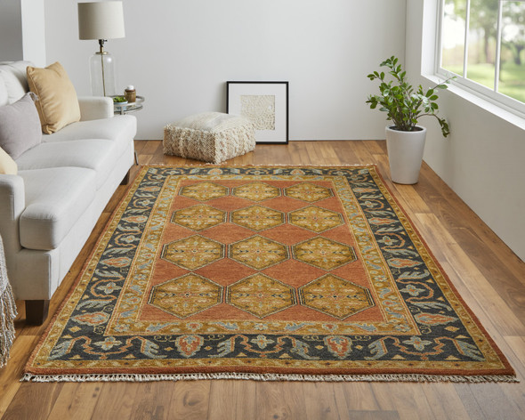 10' X 13' Tan Orange And Brown Wool Floral Hand Knotted Stain Resistant Area Rug