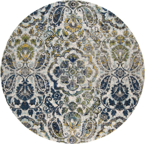 8' Ivory Blue And Green Round Floral Stain Resistant Area Rug