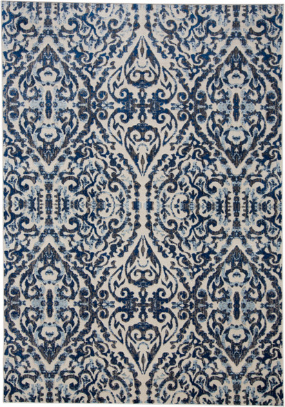 5' X 8' Blue Ivory And Black Floral Distressed Stain Resistant Area Rug