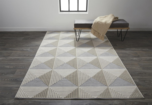 7' X 10' Beige Gray And Ivory Geometric Stain Resistant Area Rug