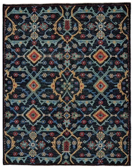 8' X 10' Blue Yellow And Red Wool Floral Hand Knotted Distressed Stain Resistant Area Rug With Fringe