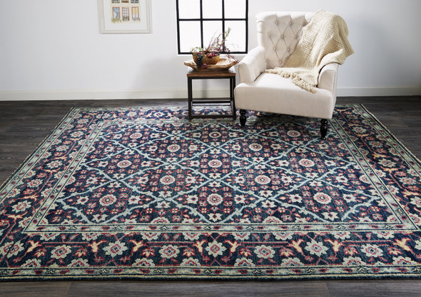 4' X 6' Blue Green And Red Wool Floral Hand Knotted Distressed Stain Resistant Area Rug With Fringe