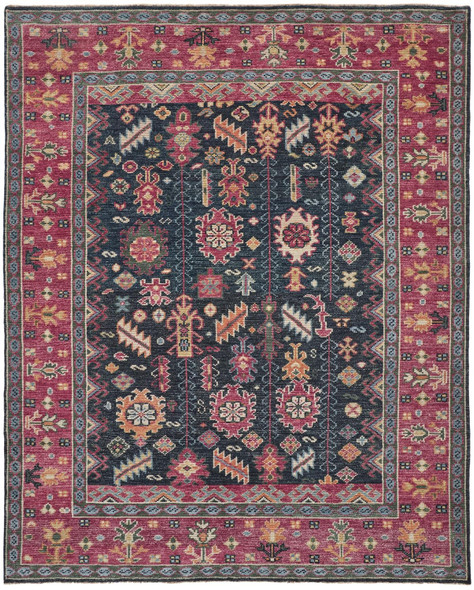 5' X 8' Pink Blue And Orange Wool Floral Hand Knotted Distressed Stain Resistant Area Rug With Fringe