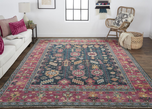 2' X 3' Pink Blue And Orange Wool Floral Hand Knotted Distressed Stain Resistant Area Rug With Fringe