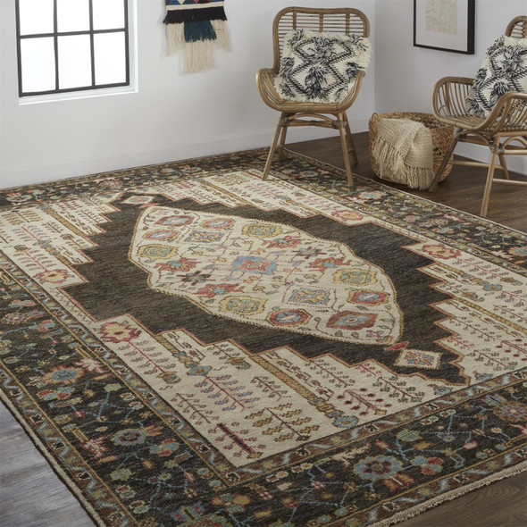 2' X 3' Brown Yellow And Green Wool Floral Hand Knotted Distressed Stain Resistant Area Rug With Fringe