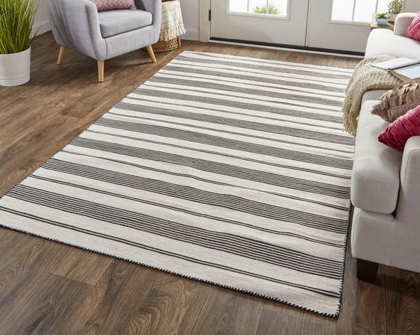 5' X 8' Black And White Striped Dhurrie Hand Woven Stain Resistant Area Rug