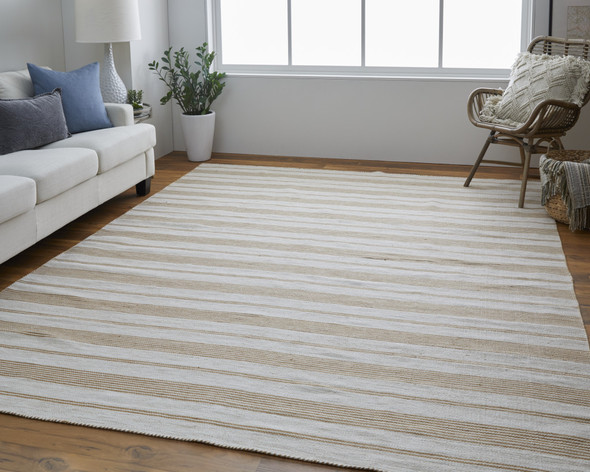 8' X 11' Ivory Taupe And Brown Striped Dhurrie Hand Woven Stain Resistant Area Rug