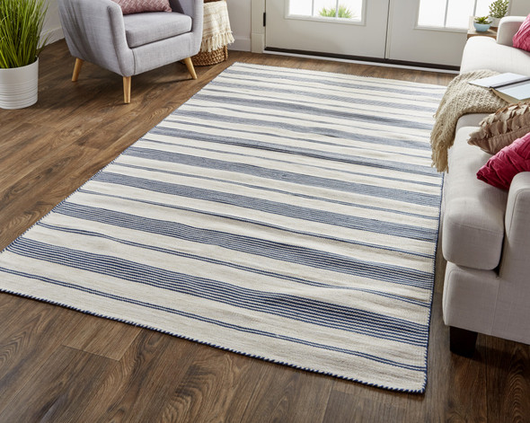 8' X 11' Blue And Ivory Striped Dhurrie Hand Woven Stain Resistant Area Rug