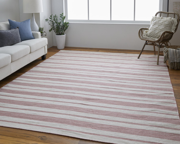 8' X 11' Red And Ivory Striped Dhurrie Hand Woven Stain Resistant Area Rug