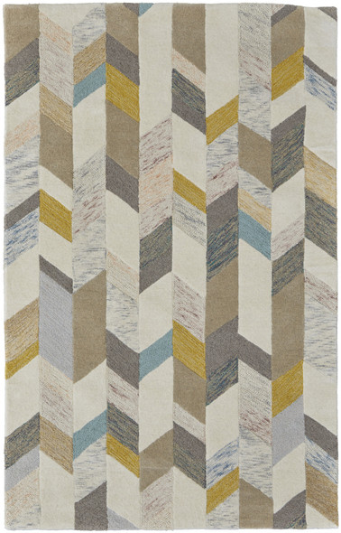 4' X 6' Ivory Taupe And Blue Wool Geometric Tufted Handmade Area Rug