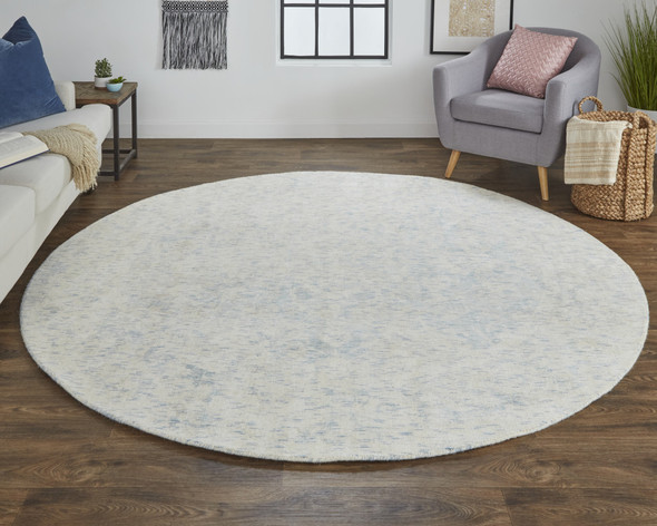 8' Ivory Blue And Tan Round Abstract Hand Woven Area Rug