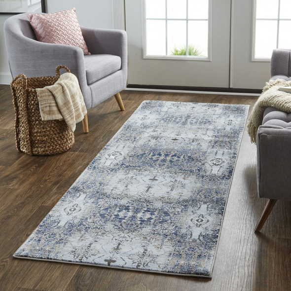 8' Blue Gray And Taupe Abstract Stain Resistant Runner Rug