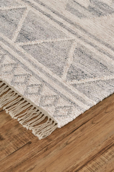 9' X 12' Ivory Gray And Blue Wool Geometric Dhurrie Flatweave Handmade Area Rug With Fringe