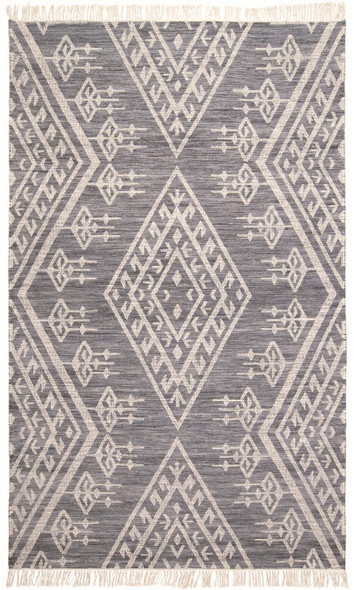 8' X 10' Gray Ivory And Blue Wool Geometric Dhurrie Flatweave Handmade Area Rug With Fringe