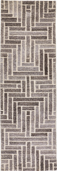 8' Taupe Gray And Tan Wool Geometric Tufted Handmade Runner Rug