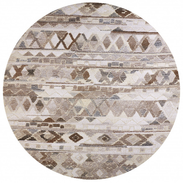 8' Ivory Tan And Gray Round Wool Abstract Tufted Handmade Area Rug