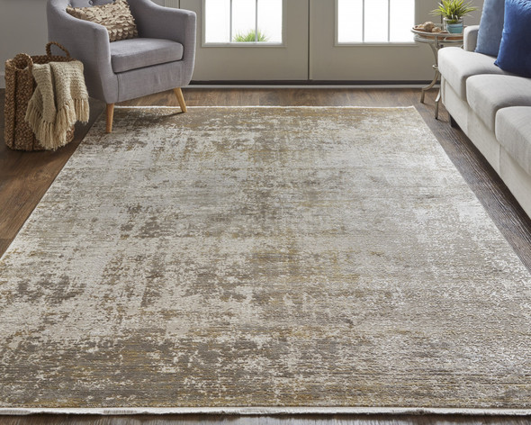 5' X 8' Taupe Ivory And Gold Abstract Area Rug With Fringe