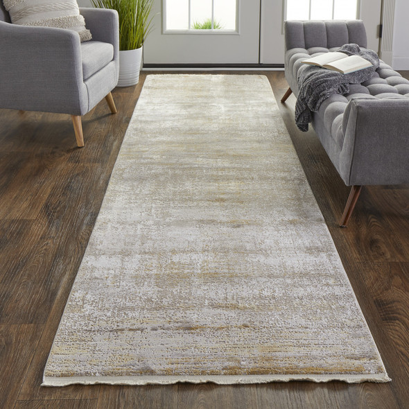 3' X 10' Taupe Ivory And Gold Abstract Runner Rug With Fringe