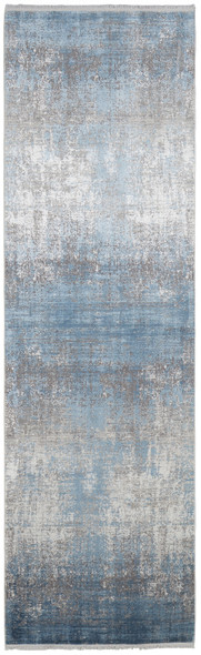 3' X 10' Blue Gray And Silver Abstract Power Loom Distressed Runner Rug With Fringe