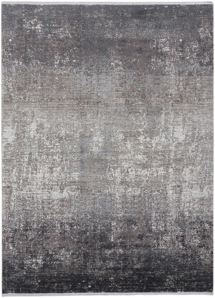 7' X 10' Gray Black And Silver Abstract Power Loom Distressed Area Rug With Fringe