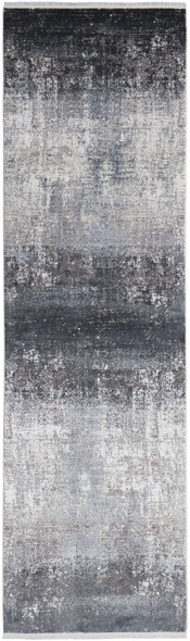 3' X 10' Gray Black And Silver Abstract Power Loom Distressed Runner Rug With Fringe