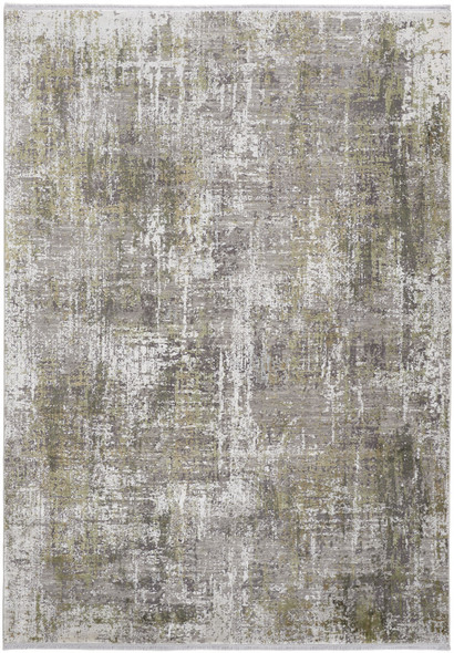 3' X 5' Green Gray And Ivory Abstract Power Loom Distressed Area Rug With Fringe