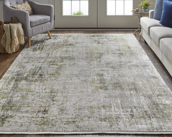 12' X 18' Green Gray And Ivory Abstract Power Loom Distressed Area Rug