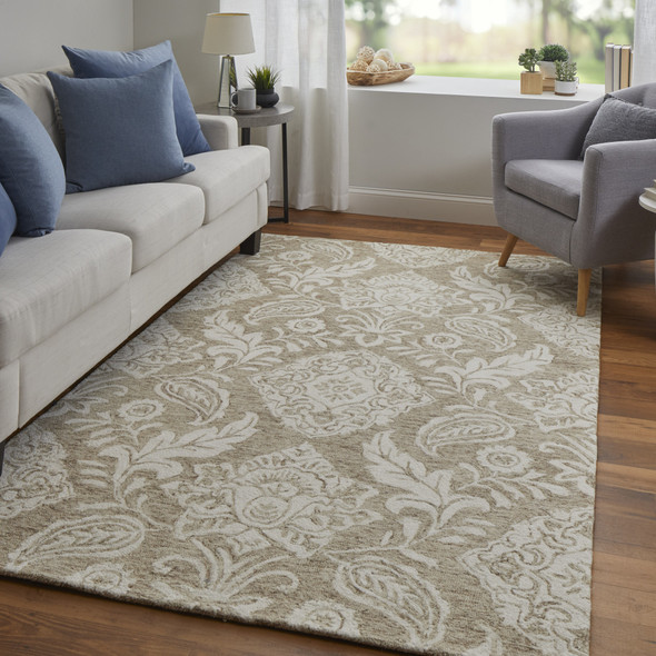 5' X 8' Tan And Ivory Wool Paisley Tufted Handmade Stain Resistant Area Rug