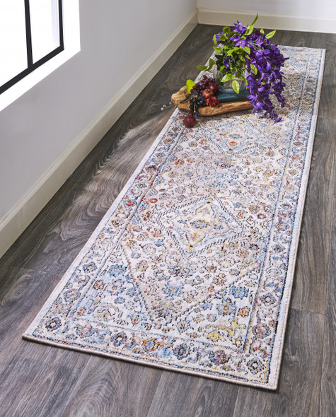 8' Taupe Blue And Gray Floral Stain Resistant Runner Rug