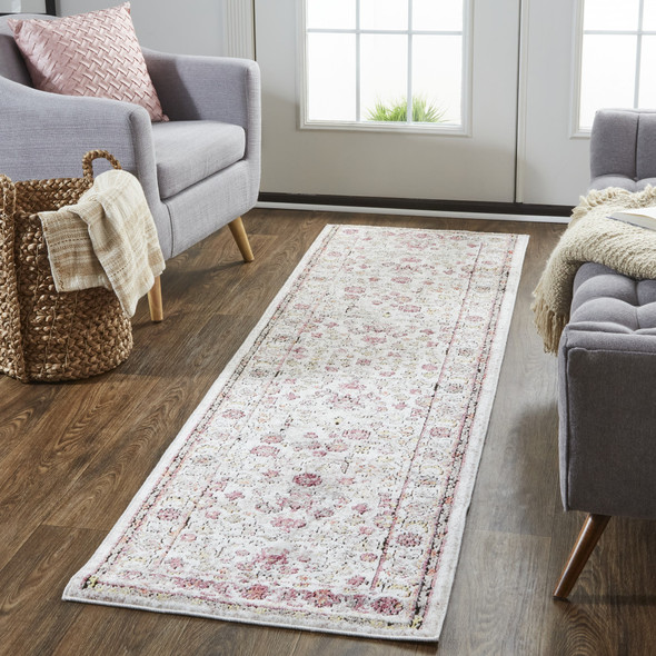 8' Ivory Pink And Gray Floral Stain Resistant Runner Rug