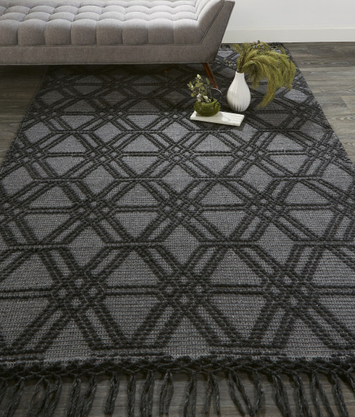8' X 10' Black And Gray Wool Geometric Hand Woven Area Rug With Fringe