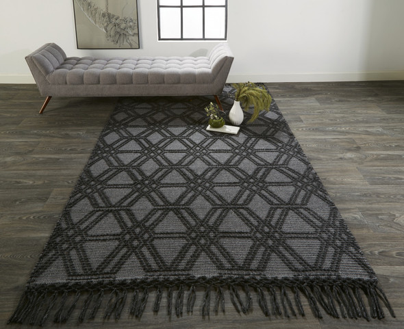 2' X 3' Black And Gray Wool Geometric Hand Woven Area Rug With Fringe