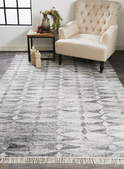 2' X 3' Gray Silver And Ivory Geometric Hand Woven Stain Resistant Area Rug With Fringe